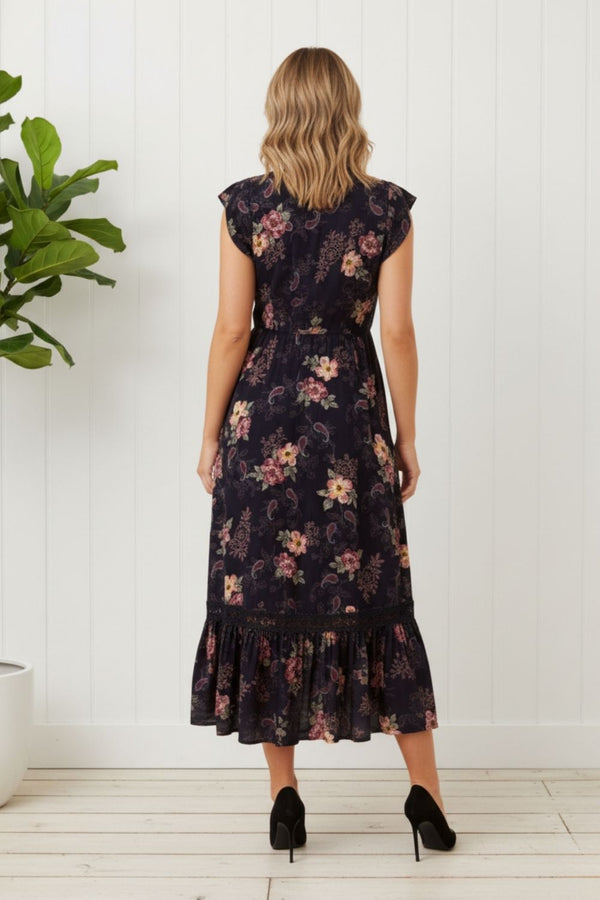 Floral Cap Sleeved Lace Trim Midi Dress| NAVY

