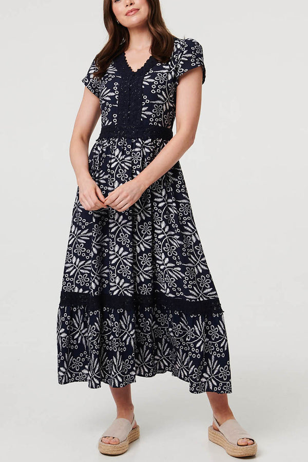 Leaf Print Lace Trim Midi Dress| NAVY