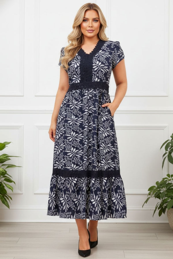 Leaf Print Lace Trim Midi Dress