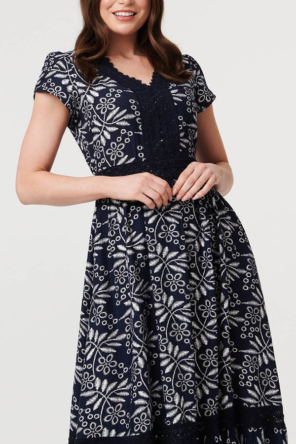Leaf Print Lace Trim Midi Dress| NAVY