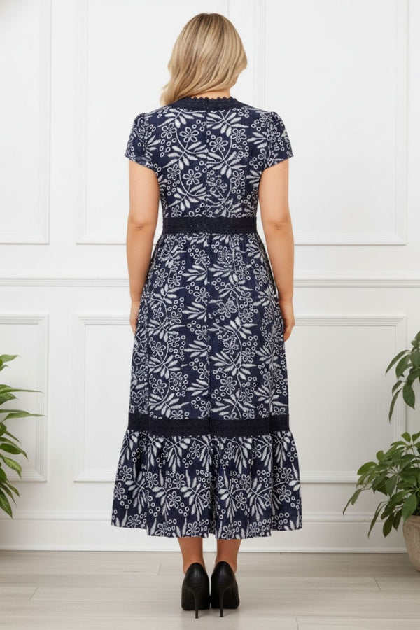 Leaf Print Lace Trim Midi Dress