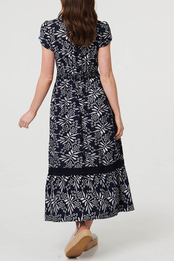Leaf Print Lace Trim Midi Dress| NAVY