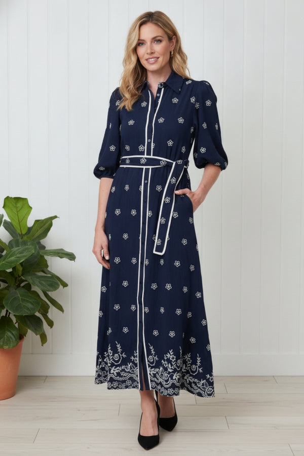 Floral Embroidered Maxi Shirt Dress| NAVY