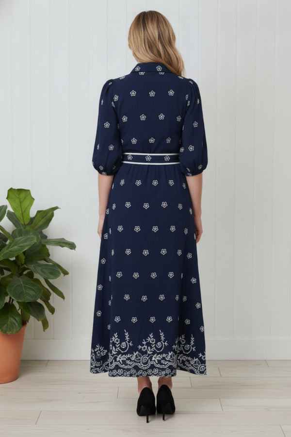 Floral Embroidered Maxi Shirt Dress| NAVY