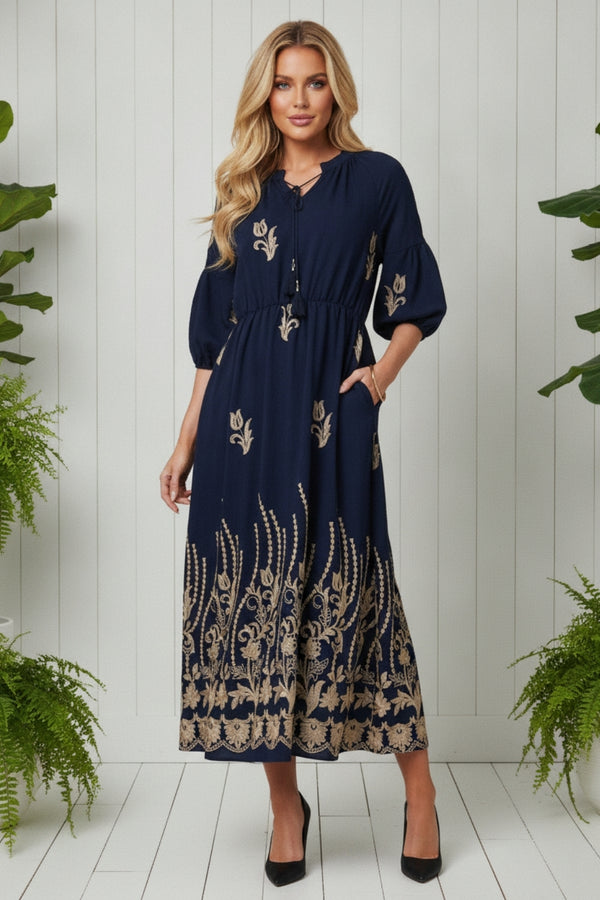 Floral Embroidered 3/4 Sleeve Maxi Dress| NAVY