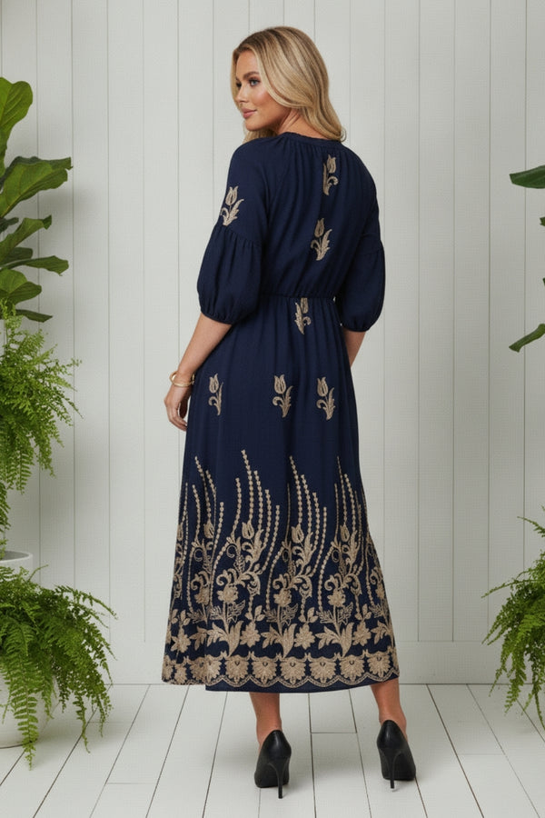 Floral Embroidered 3/4 Sleeve Maxi Dress| NAVY