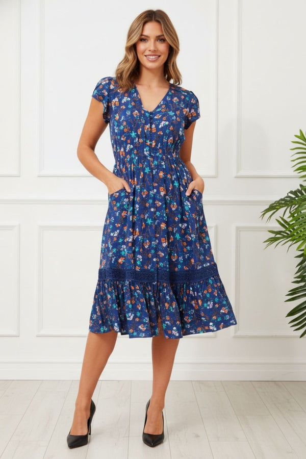 Ditsy Floral Cap Sleeve Lace Midi Dress| BLUE
