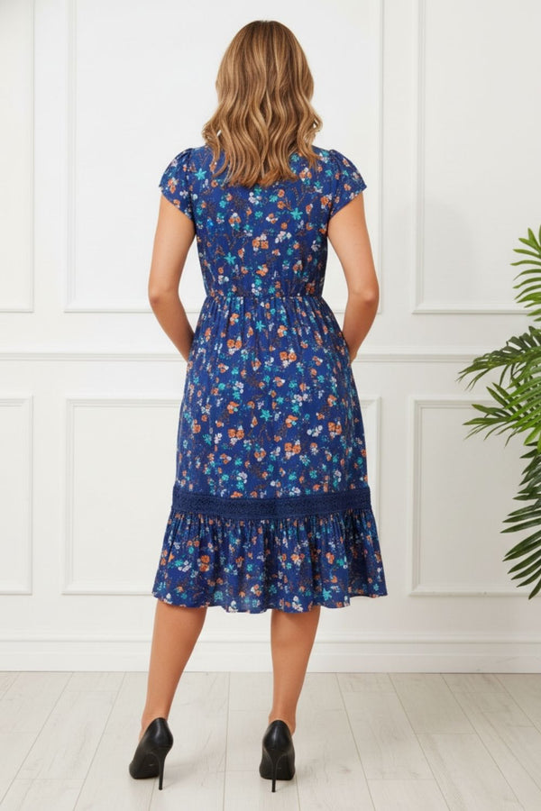 Ditsy Floral Cap Sleeve Lace Midi Dress| BLUE