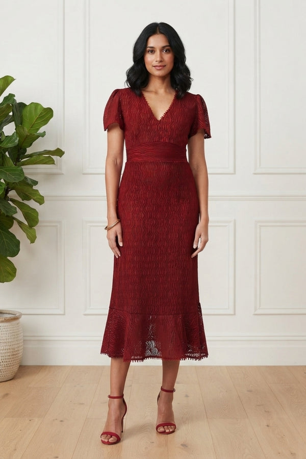 Lace Layer Short Sleeve Midi Dress| RED