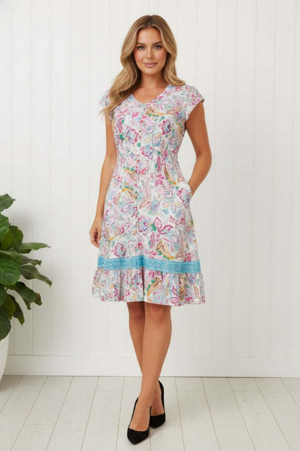 Paisley Cap Sleeve Knee Length Dress| MULTI WHITE