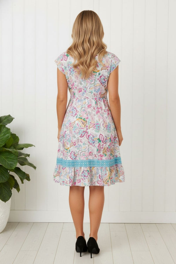Paisley Cap Sleeve Knee Length Dress| MULTI WHITE
