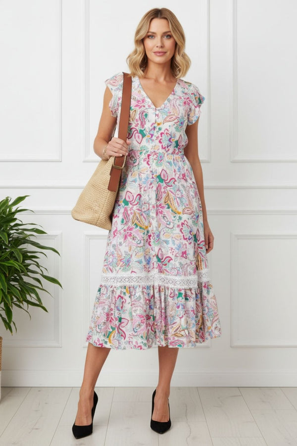 Paisley Print Cap Sleeve Midi Dress| MULTI WHITE