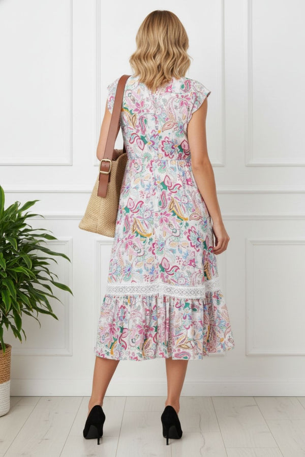 Paisley Print Cap Sleeve Midi Dress