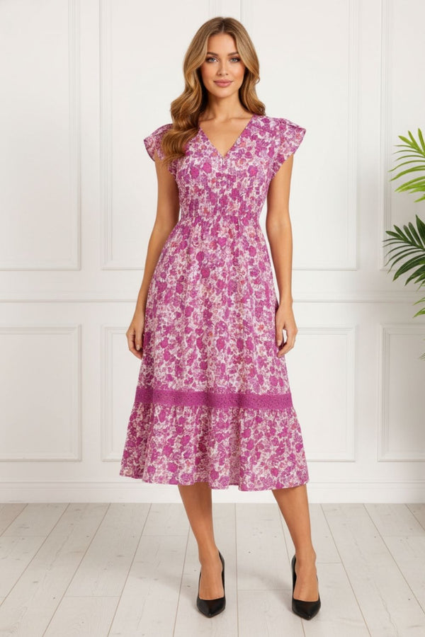 Floral Lace Trim Cap Sleeved Midi Dress| PINK