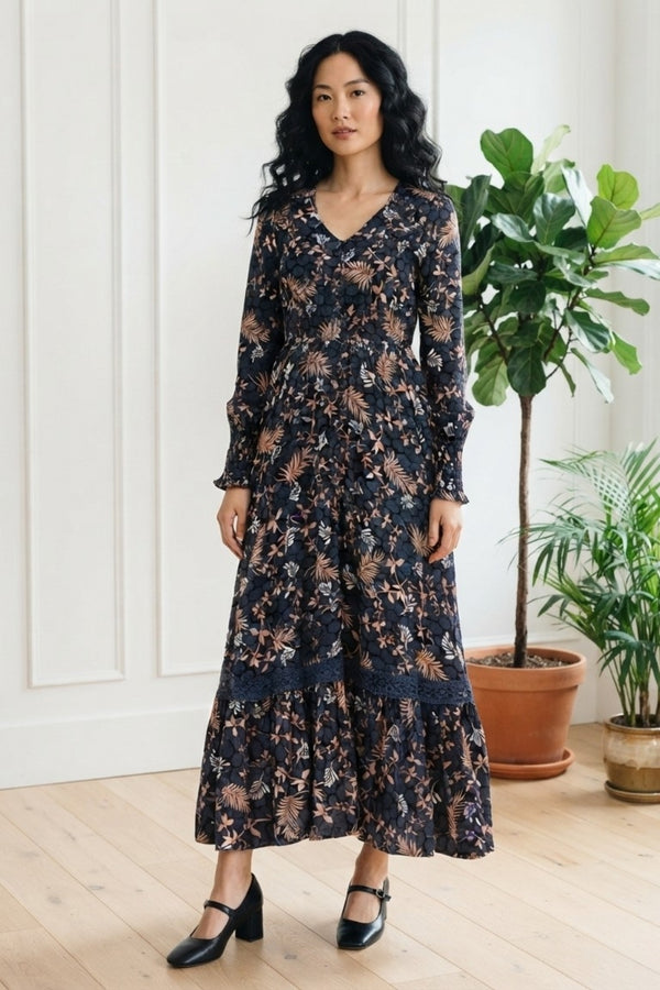 Floral Long Sleeve Maxi A-Line Dress| NAVY