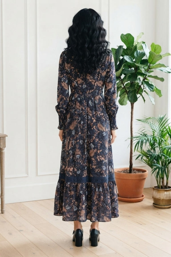 Floral Long Sleeve Maxi A-Line Dress| NAVY