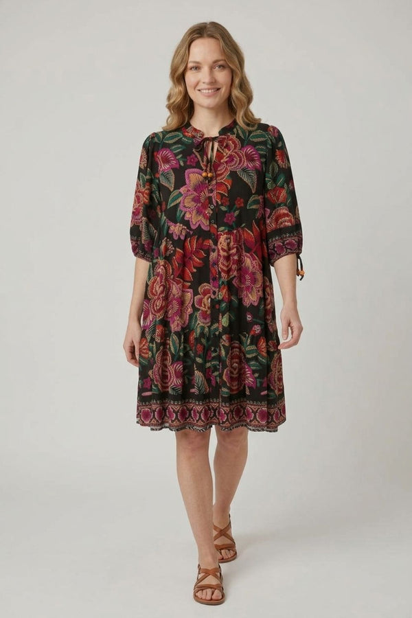 Floral 1/2 Sleeve Relaxed Short Dress| BLACK