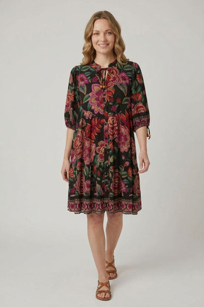 Floral 1/2 Sleeve Relaxed Short Dress| BLACK
