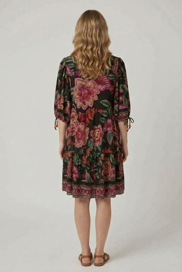 Floral 1/2 Sleeve Relaxed Short Dress| BLACK