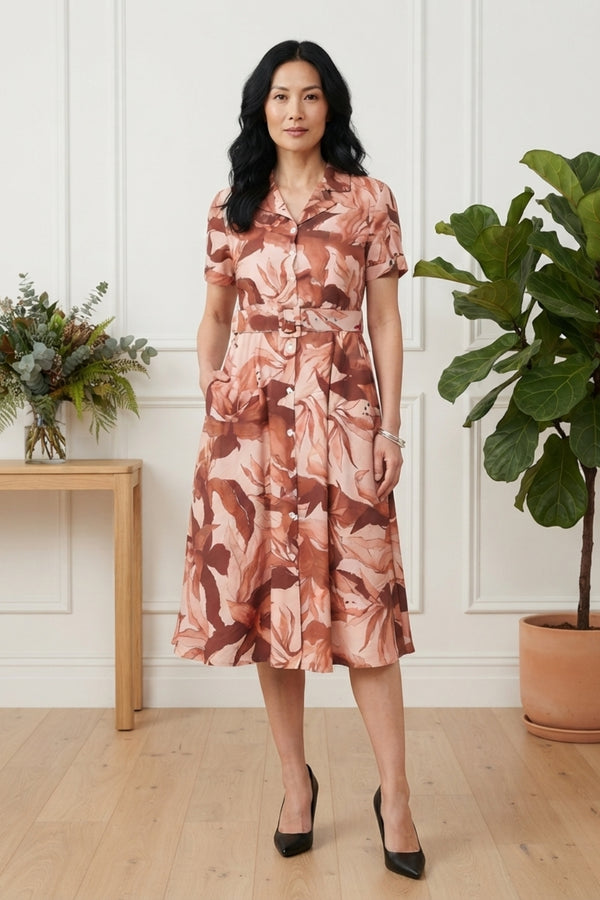 Leaf Print Short Sleeve Midi Shirt Dress| RUST