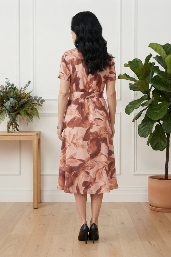 Leaf Print Short Sleeve Midi Shirt Dress| RUST 