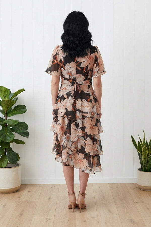 Floral Tiered Asymmetric Midi Dress| MULTI ORANGE