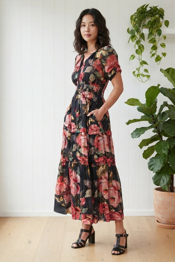 Floral Short Sleeve Tiered Maxi Dress| PINK