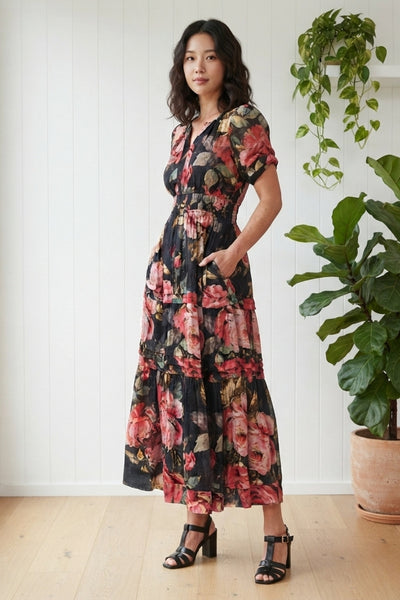 Floral Short Sleeve Tiered Maxi Dress| PINK