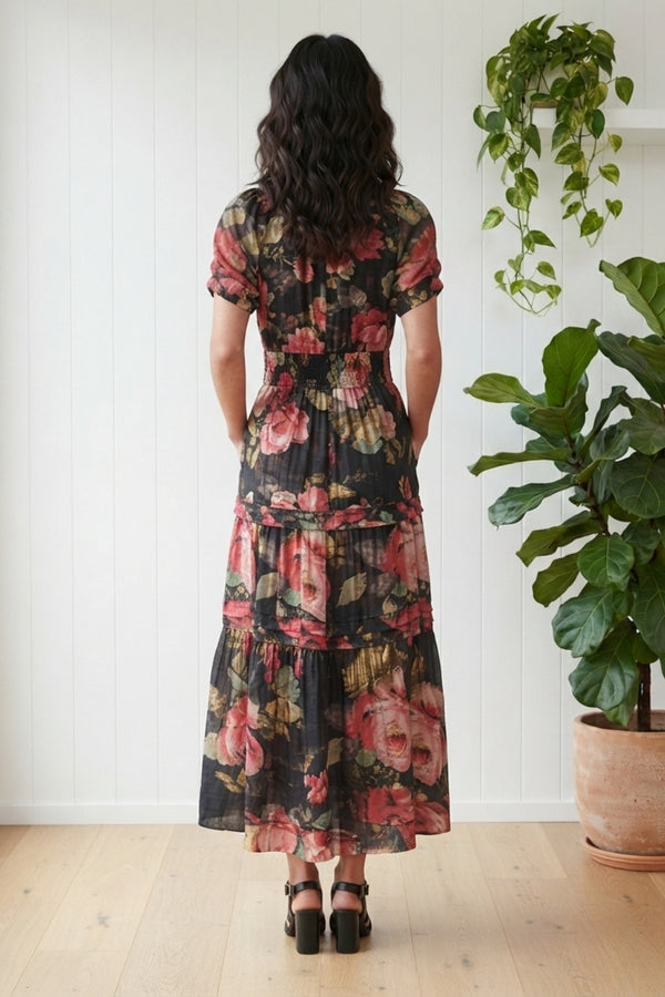 Floral Short Sleeve Tiered Maxi Dress| PINK