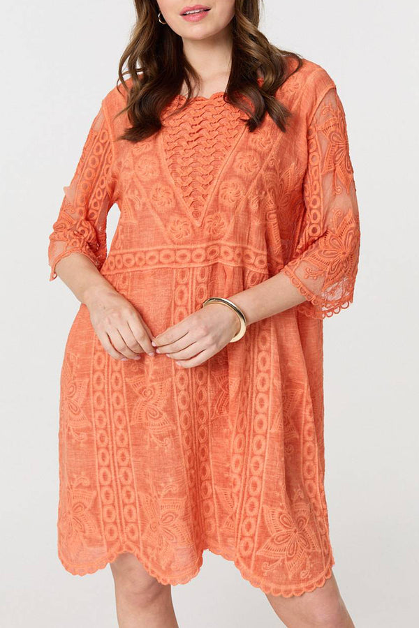 ORANGE | Textured Sheer Lace Layer Short Dress