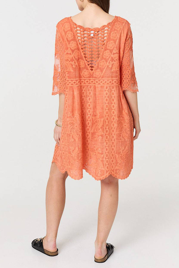 ORANGE | Textured Sheer Lace Layer Short Dress