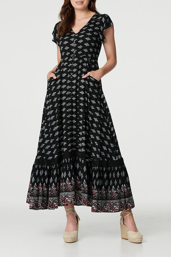 MULTI BLACK | Printed V-Neck Angel Sleeve Maxi Dress