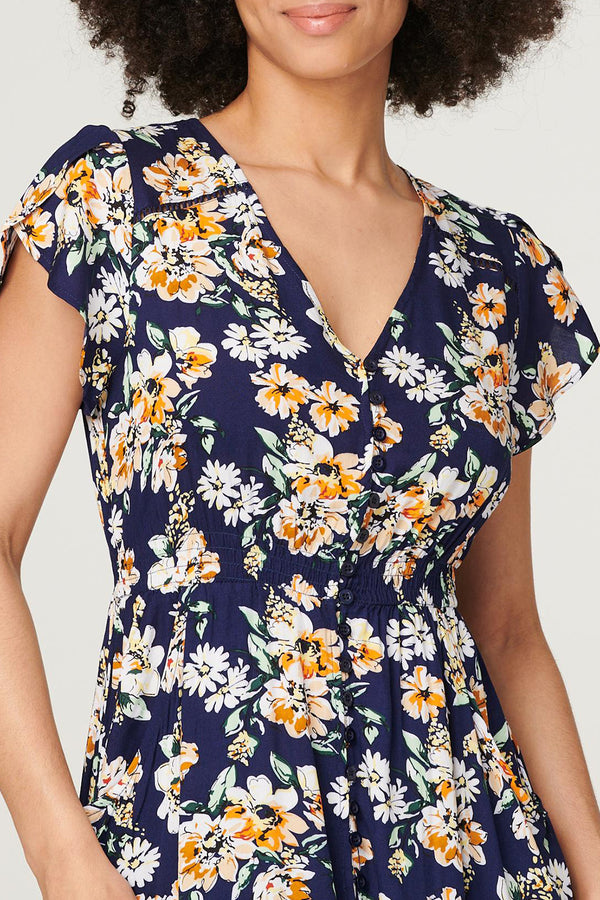 NAVY | Floral V-Neck Cap Sleeve Maxi Dress