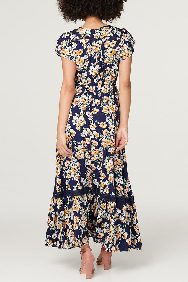 NAVY | Floral V-Neck Cap Sleeve Maxi Dress