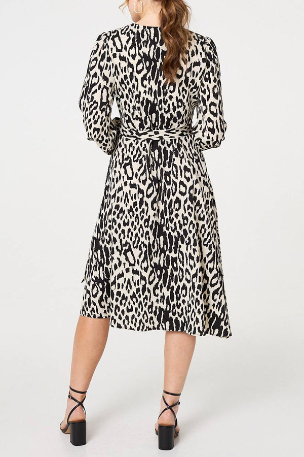 MULTI BLACK | Animal Print Tie Waist Wrap Midi Dress