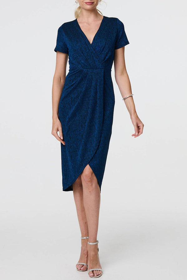 BLUE | Short Sleeve V-Neck Ruched Midi Dress