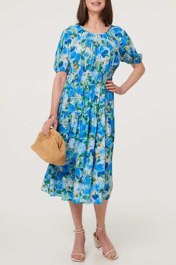 Floral 1/2 Sleeve Shirred Midi Dress| BLUE