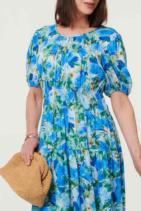 Floral 1/2 Sleeve Shirred Midi Dress| BLUE