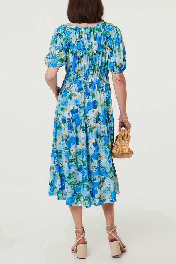 Floral 1/2 Sleeve Shirred Midi Dress| BLUE