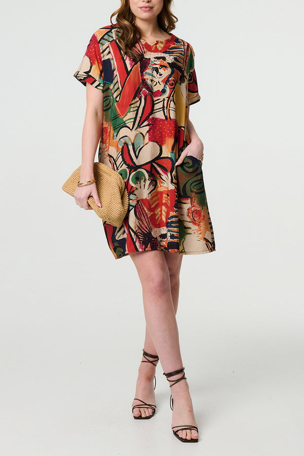 MULTI ORANGE | Abstract Short Sleeve Short Shift Dress