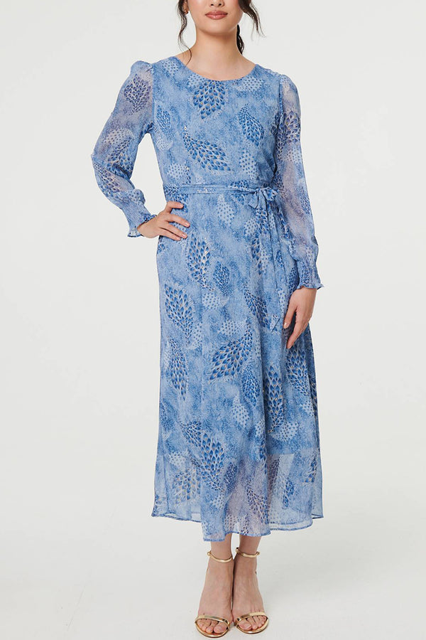 BLUE | Feather Print Semi Sheer Maxi Dress