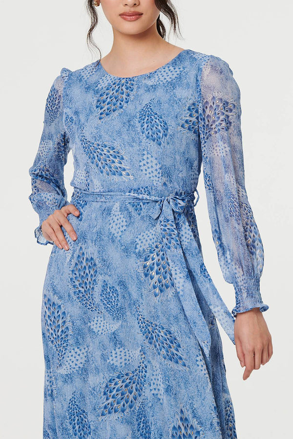 BLUE | Feather Print Semi Sheer Maxi Dress