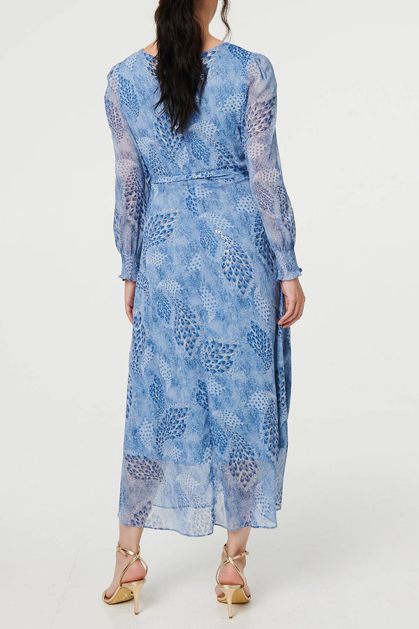 BLUE | Feather Print Semi Sheer Maxi Dress