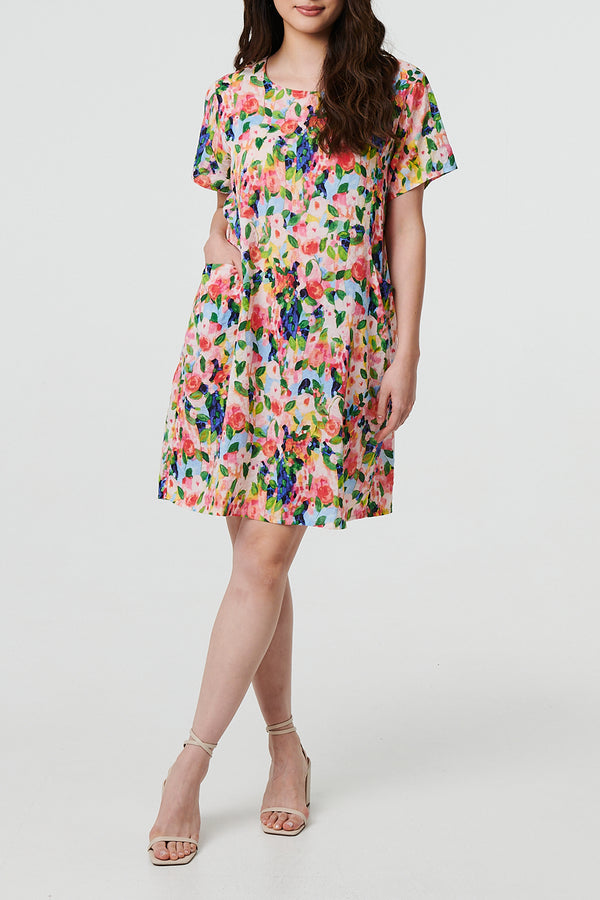 MULTI PINK | Floral Short Sleeve Short Shift Dress