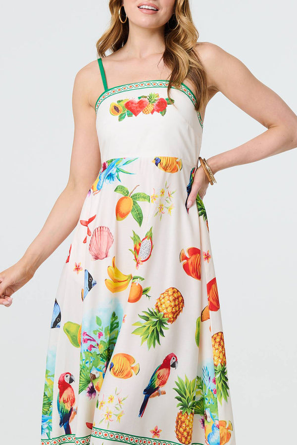 MULTI GREEN | Tropical Print Cami Strap Midi Dress