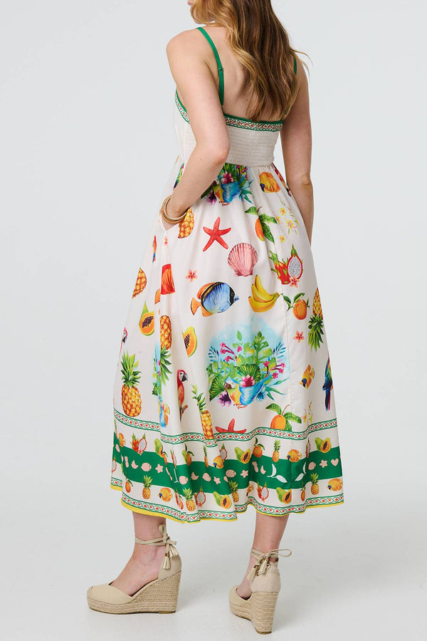 MULTI GREEN | Tropical Print Cami Strap Midi Dress