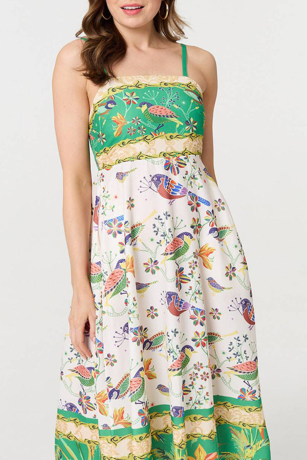 MULTI GREEN | Printed A-Line Sleeveless Midi Dress