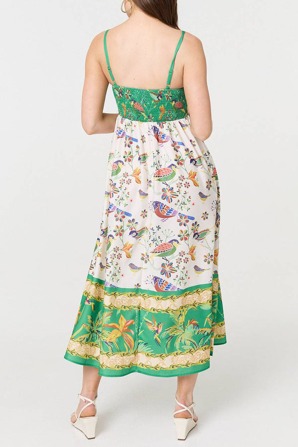 MULTI GREEN | Printed A-Line Sleeveless Midi Dress