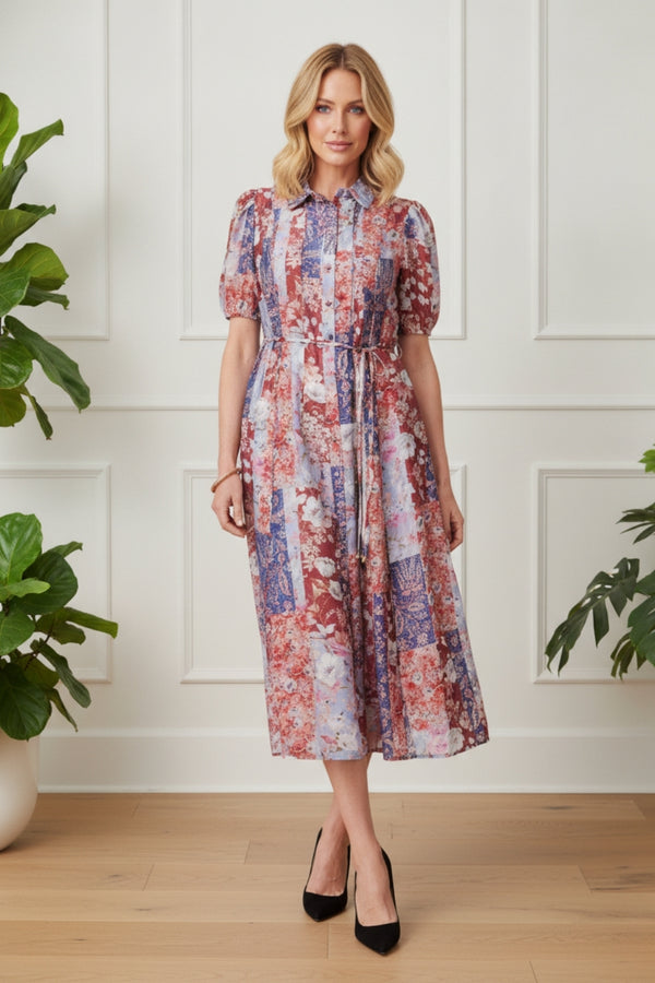 Patchwork 1/2 Sleeve Midi Shirt Dress| MULTI_RED