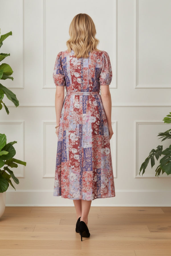 Patchwork 1/2 Sleeve Midi Shirt Dress| MULTI_RED